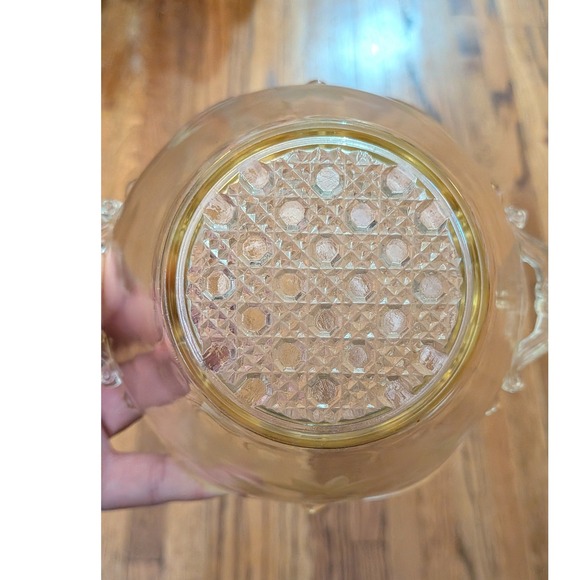 Vintage Lancaster Yellow Uranium Glass Bowl Etched Leaf Pattern Double Handle - Picture 7 of 8